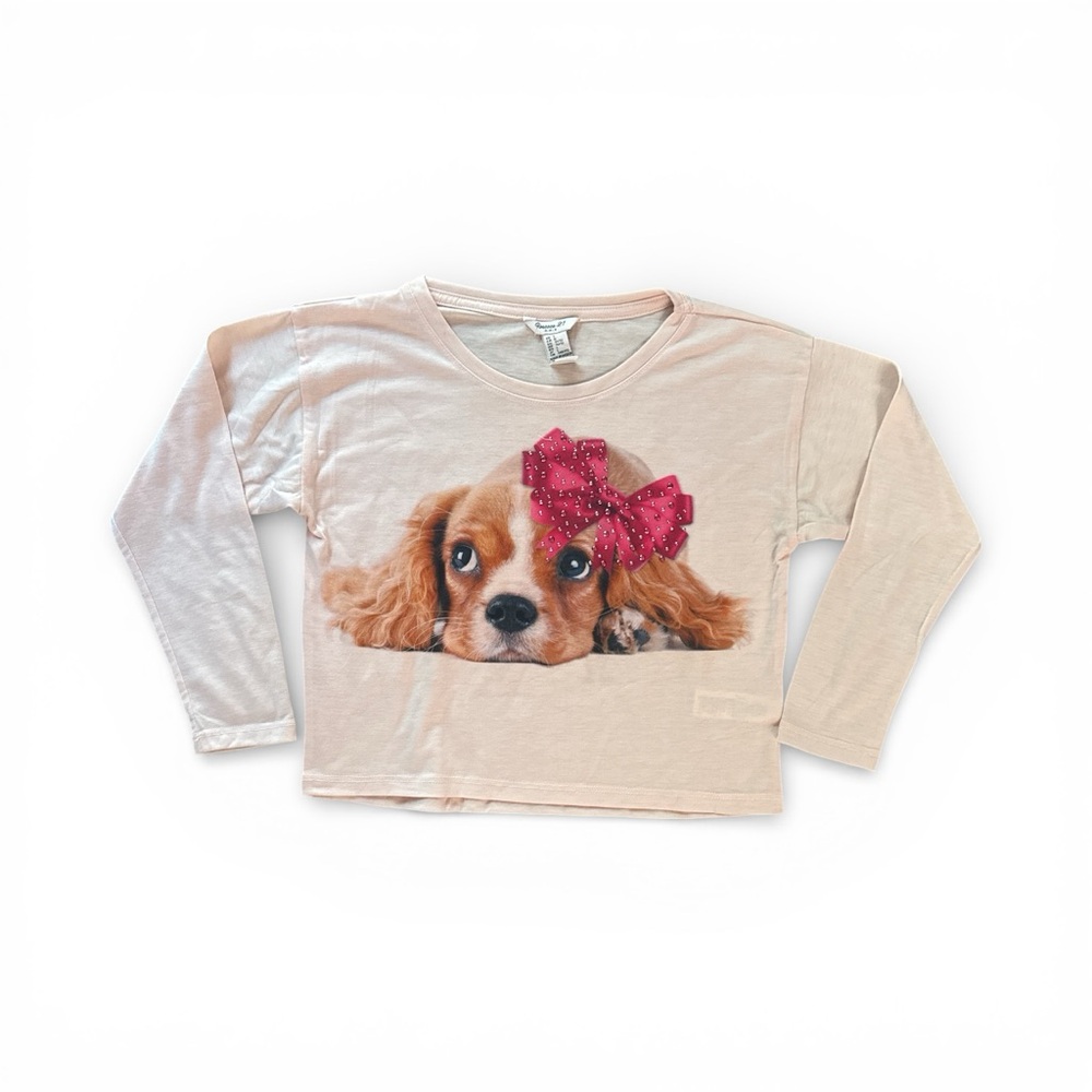 Forever 21 Cream Long Sleeve Kids Tee with Puppy Wearing Bow Print Size 11/12